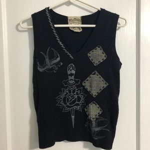 Nick & Mo Medium Black Sweater vest with white graphics and patches